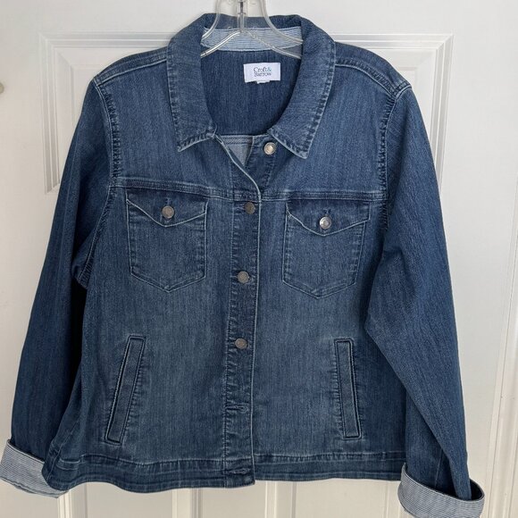 Denim Jacket w/Striped Cuff Sleeves - Picture 2 of 5